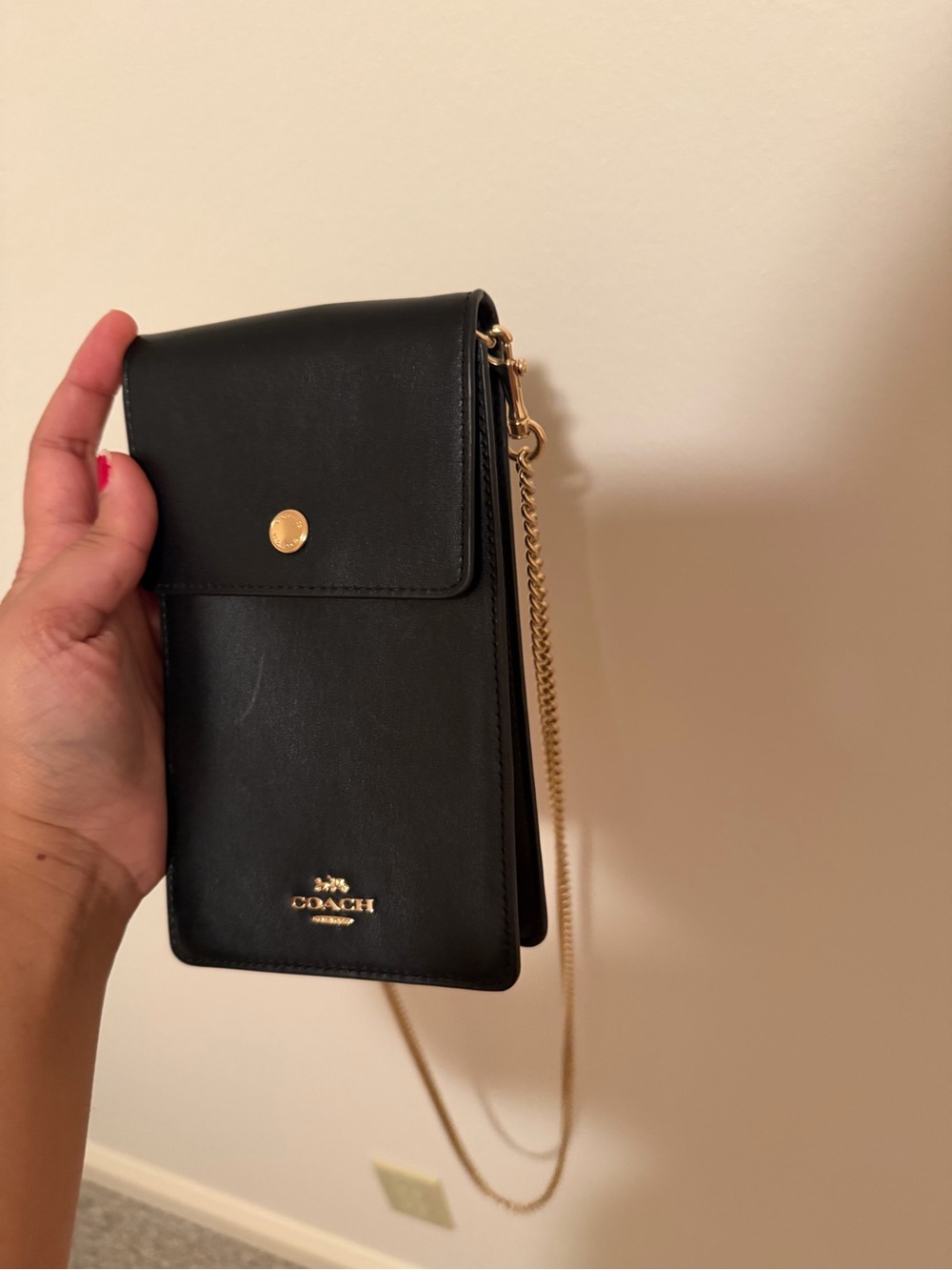 Coach Black Leather Crossbody Phone Pouch with Gold Chain Strap